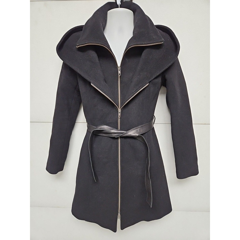 Soia & Kyo Luxury Hooded Wool Blnd Black Coat W/ Zip Inner Vest Leather Belt S/P - Picture 5 of 16
